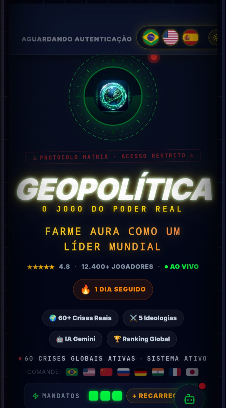 Tela do app GEOPOLÍTICA RPG